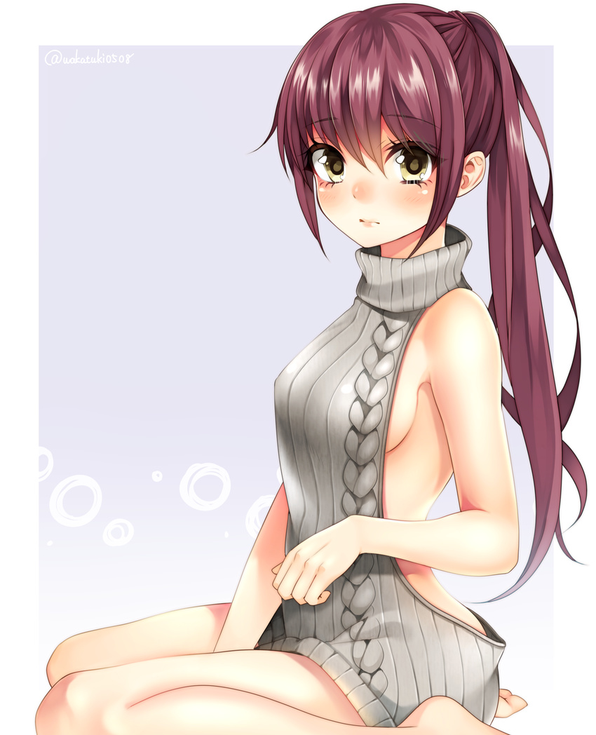 aran_sweater backless_dress backless_outfit bangs bare_back bare_shoulders barefoot between_legs blush breasts brown_hair closed_mouth dress eyebrows_visible_through_hair eyelashes from_side green_eyes grey_dress grey_sweater halterneck hand_between_legs hand_up highres long_hair looking_at_viewer md5_mismatch medium_breasts meme_attire naked_sweater no_bra original pink_lips ponytail ribbed_sweater sideboob sidelocks sitting sleeveless sleeveless_turtleneck solo sweater sweater_dress turtleneck turtleneck_sweater twitter_username virgin_killer_sweater wakatsuki_you wariza