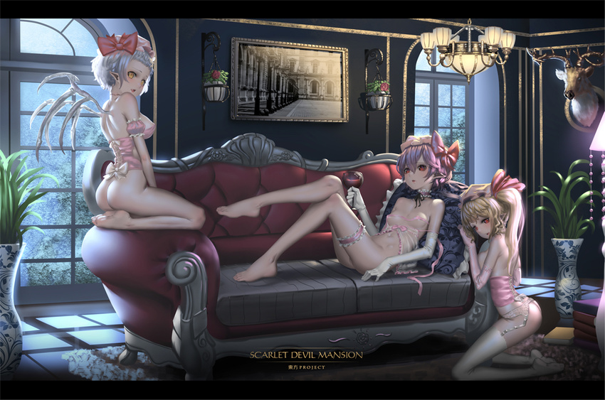 ass bare_shoulders barefoot bat_wings blonde_hair bottomless breasts bustier corset couch cup deer_head drinking_glass elbow_gloves feet flandre_scarlet garter_belt gloves hat hat_ribbon hk_(hk) indoors lamp leg_garter long_hair looking_at_viewer lying md5_mismatch medium_breasts mob_cap multiple_girls no_bra no_panties on_back photo_(object) pink_ribbon plant potted_plant purple_hair red_eyes red_ribbon remilia_scarlet ribbon siblings side_ponytail sisters small_breasts taxidermy thighhighs touhou white_gloves white_legwear window wine_glass wings