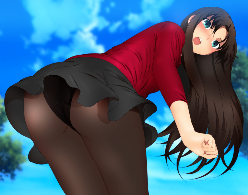 1girl absurdres aqua_eyes ass black_hair black_skirt blush breasts clouds day fate/stay_night fate_(series) from_behind hair_down highres leaning_forward legs long_hair long_sleeves looking_back open_mouth outdoors panties panties_under_pantyhose pantyhose pantyshot pantyshot_(standing) skirt sky solo thighs tohsaka_rin underwear wind yadokari_genpachirou