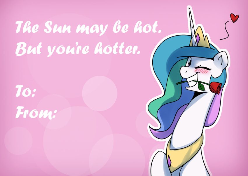 &lt;3 2017 animated anticularpony blush crown english_text equine female feral flower friendship_is_magic grin hair holidays horn jewelry looking_at_viewer mammal multicolored_hair my_little_pony necklace pink_background plant princess_celestia_(mlp) royalty simple_background smile solo text unicorn valentine's_day