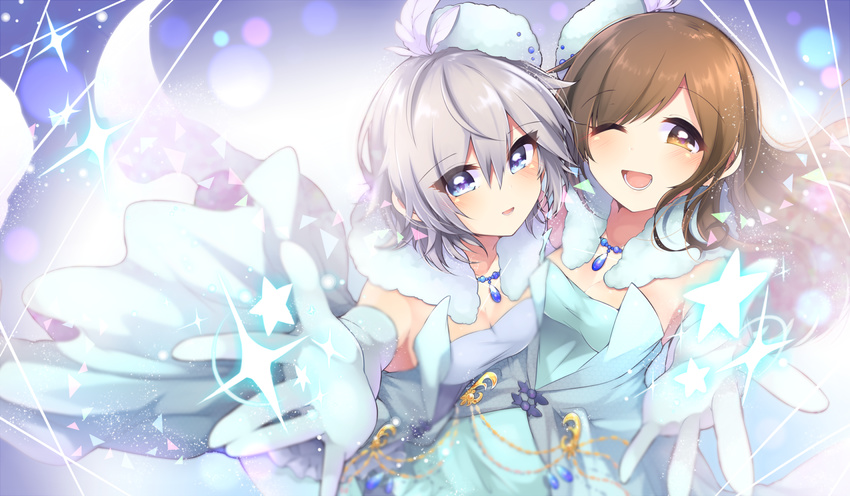 anastasia_(idolmaster) bare_shoulders blue_eyes breasts brown_eyes brown_hair commentary_request dress elbow_gloves gloves hat highres idolmaster idolmaster_cinderella_girls kaenuco long_hair love_laika medium_breasts multiple_girls nitta_minami one_eye_closed open_mouth outstretched_arms pantyhose pure_white_memories short_hair silver_hair smile