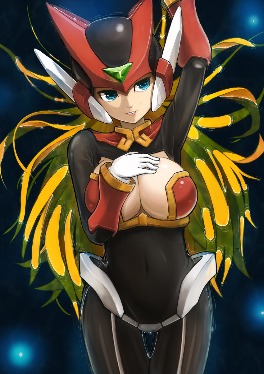 absurdres android blonde_hair blue_eyes breasts cleavage genderswap genderswap_(mtf) helmet highres huge_breasts long_hair pandalee rockman rockman_zero solo zero_(rockman)