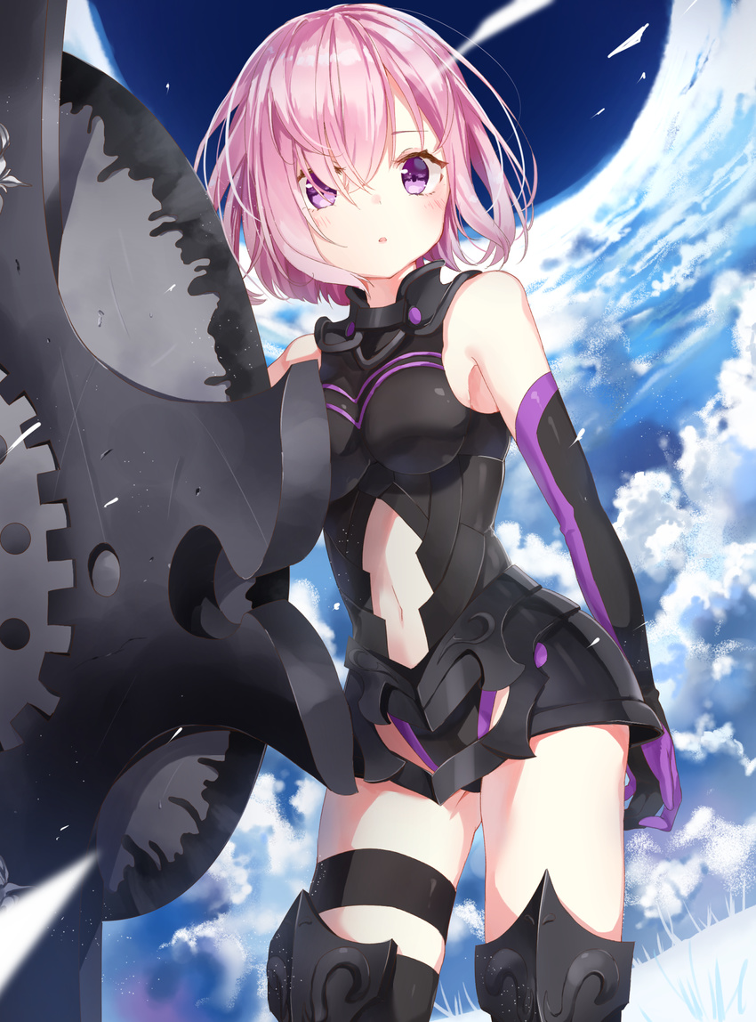 :o black_gloves black_legwear blue_sky breasts cloud cloudy_sky commentary_request day fate/grand_order fate_(series) gloves highres jimmy looking_at_viewer mash_kyrielight medium_breasts navel outdoors purple_eyes purple_hair shield sky solo standing