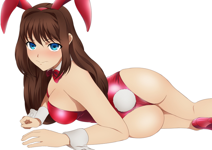 1girl animal_ears ass bare_shoulders bent_over blue_eyes blush breasts brown_hair bunny_ears bunny_girl bunny_tail bunnysuit detached_collar embarrassed fate/stay_night fate_(series) hair_down long_hair looking_at_viewer lying on_side sideboob simple_background solo tail thighs tohsaka_rin white_background wrist_cuffs yadokari_genpachirou