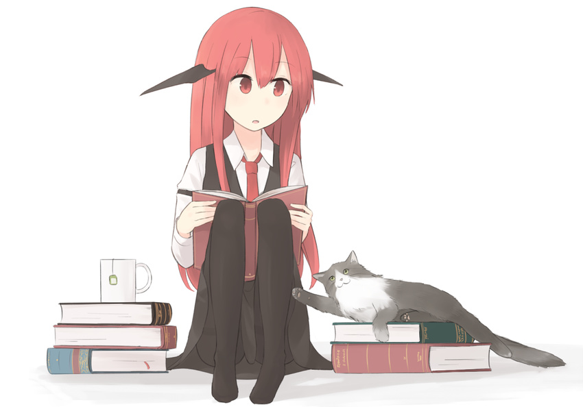 :o animal armband bat_wings black_legwear book book_stack bookmark cat collared_shirt commentary cup dress_shirt eyebrows_visible_through_hair full_body head_wings hinami047 holding holding_book koakuma long_sleeves mug necktie no_shoes open_book pantyhose reading red_eyes red_hair red_neckwear shirt sitting skirt skirt_set teabag touhou vest white_shirt wings