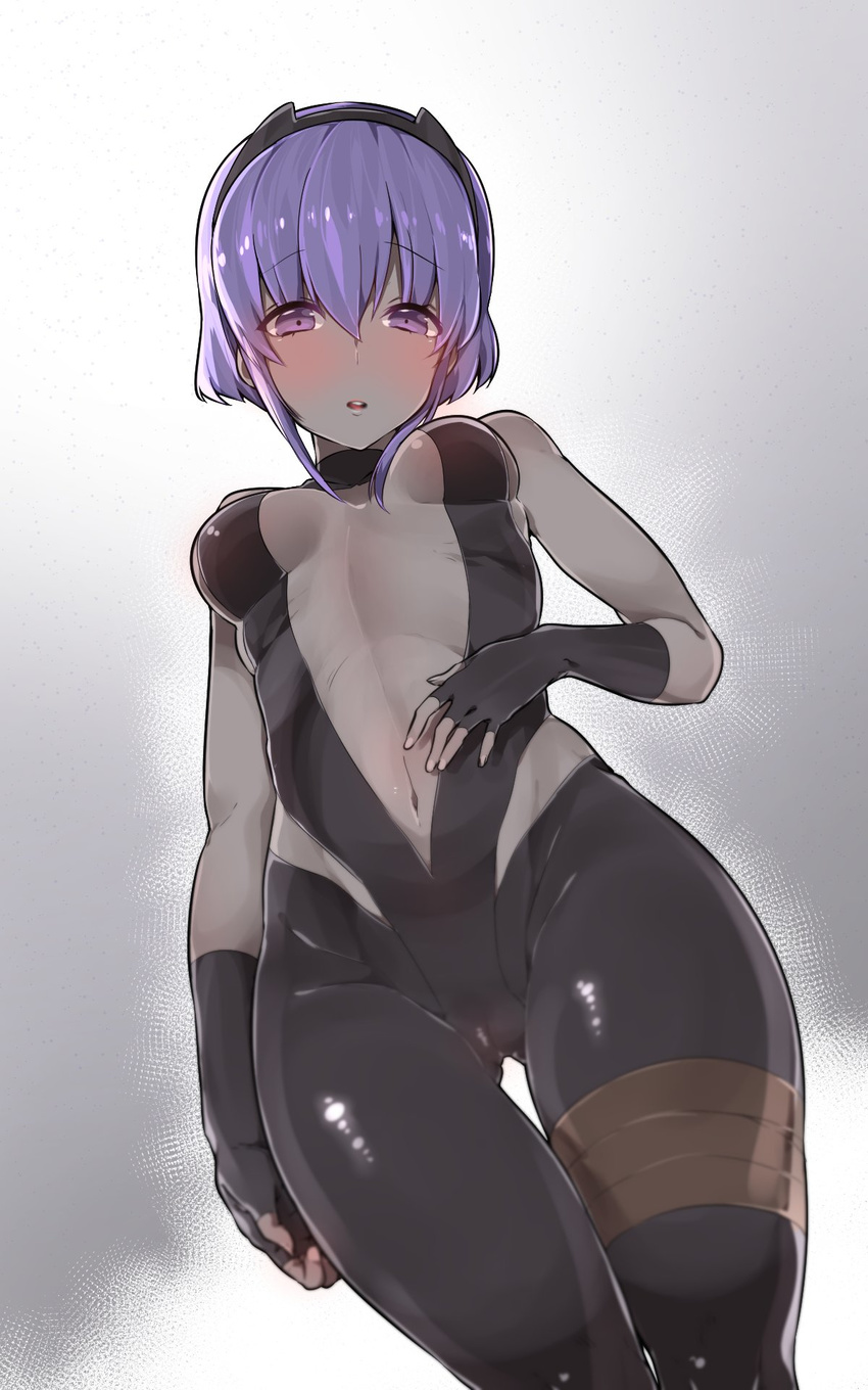 ass_visible_through_thighs bare_shoulders blush breasts dark_skin fate/grand_order fate/prototype fate/prototype:_fragments_of_blue_and_silver fate_(series) from_below hassan_of_serenity_(fate) highres looking_at_viewer mitsudoue navel purple_eyes purple_hair short_hair small_breasts solo