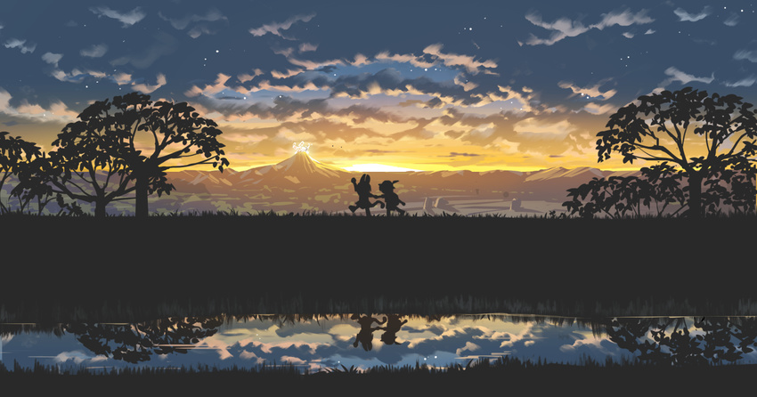 animal_ears arm_up backpack bag boots clenched_hand cloud cloudy_sky feathers grass hat hat_feather helmet holding_hands kaban_(kemono_friends) kemono_friends leg_lift monosenbei mountain multiple_girls orange_sky outdoors pith_helmet reflection river sandstar scenery serval_(kemono_friends) serval_ears serval_tail short_hair shorts silhouette skirt sky star star_(sky) sunset tail tree walking water