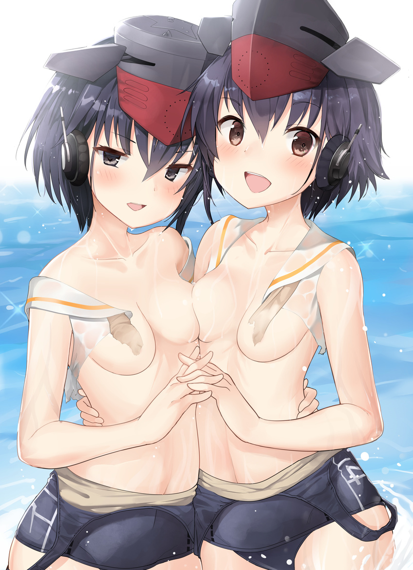 absurdres asymmetrical_docking bell_(oppore_coppore) black_hair blush breast_press breasts brown_eyes character_name clothes_writing collarbone convenient_censoring eyebrows_visible_through_hair hair_between_eyes hand_on_another's_back hat headset highres holding_hands i-13_(kantai_collection) i-14_(kantai_collection) kantai_collection looking_at_viewer medium_breasts multiple_girls ocean open_mouth outdoors sailor_collar see-through short_hair splashing stomach strap_pull swimsuit swimsuit_pull tareme wading water water_drop wet wet_clothes wet_swimsuit