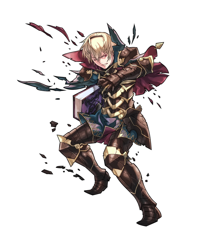armor armored_boots blonde_hair book boots capelet fire_emblem fire_emblem_heroes fire_emblem_if full_body gloves highres hino_shinnosuke leon_(fire_emblem_if) male_focus official_art one_eye_closed red_eyes solo teeth torn_clothes transparent_background