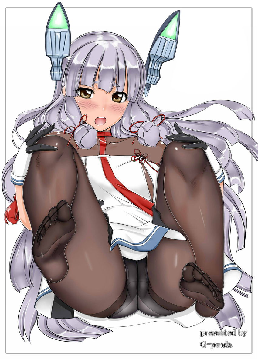 blush brown_eyes feet hair_ornament kantai_collection long_hair looking_at_viewer midou_tsukasa murakumo_(kantai_collection) no_shoes open_mouth pantyhose purple_hair sitting soles toes