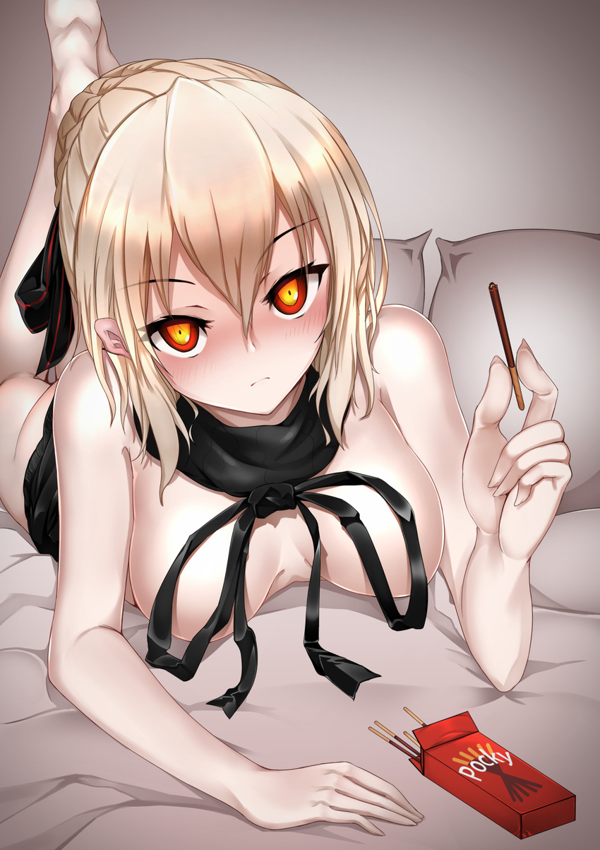 ahoge artoria_pendragon_(all) black_sweater blonde_hair blush bow braid breasts commentary_request dark_persona drawstring dress eyebrows_visible_through_hair fate/grand_order fate_(series) food glasses hair_bow highres kagura_ren large_breasts looking_at_viewer lying meme_attire mysterious_heroine_x_(alter) naked_sweater on_stomach pocky red_eyes solo sweater sweater_dress turtleneck turtleneck_sweater virgin_killer_sweater yellow_eyes