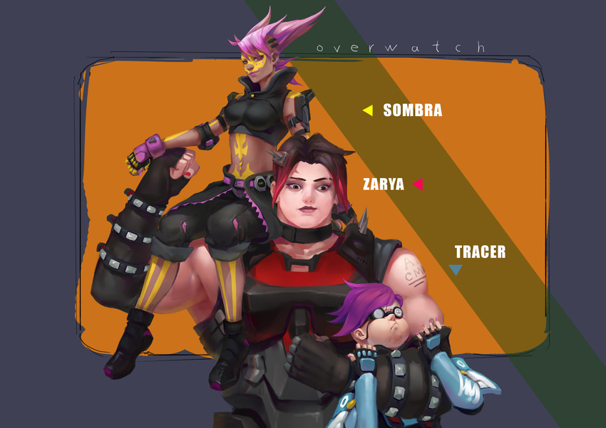 :&lt; absurdres alternate_costume alternate_hairstyle arms_around_neck asphyxiation black_hair breasts character_name clenched_hand collar dark_skin directional_arrow dirt_(artist) ear_piercing elbow_pads facial_tattoo full_body_tattoo glasses gradient_hair hair_ornament height_difference high_collar highres industrial_zarya lipstick los_muertos_sombra makeup medium_breasts midriff mohawk multicolored_hair multiple_girls muscle muscular_female nail_polish nose overwatch piercing pink_eyes pink_hair punk punk_tracer purple_hair red_hair round_eyewear sitting_on_shoulder sombra_(overwatch) spikes strangling tattoo tracer_(overwatch) zarya_(overwatch)