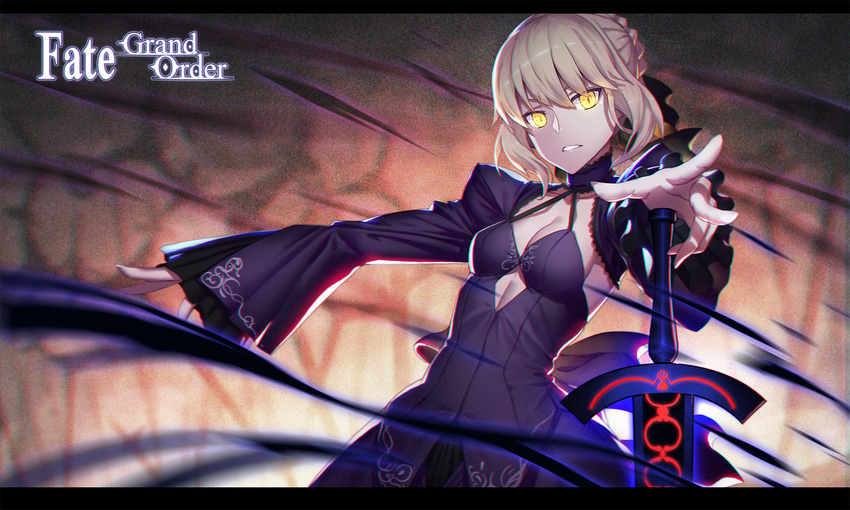 artoria_pendragon_(all) bangs black_dress black_ribbon blonde_hair breasts cleavage commentary_request dark_excalibur detached_sleeves dress fate/grand_order fate/stay_night fate_(series) foreshortening hair_ribbon halterneck highres juliet_sleeves letterboxed long_sleeves looking_at_viewer madyy puffy_sleeves ribbon saber_alter short_hair small_breasts solo upper_body wide_sleeves yellow_eyes
