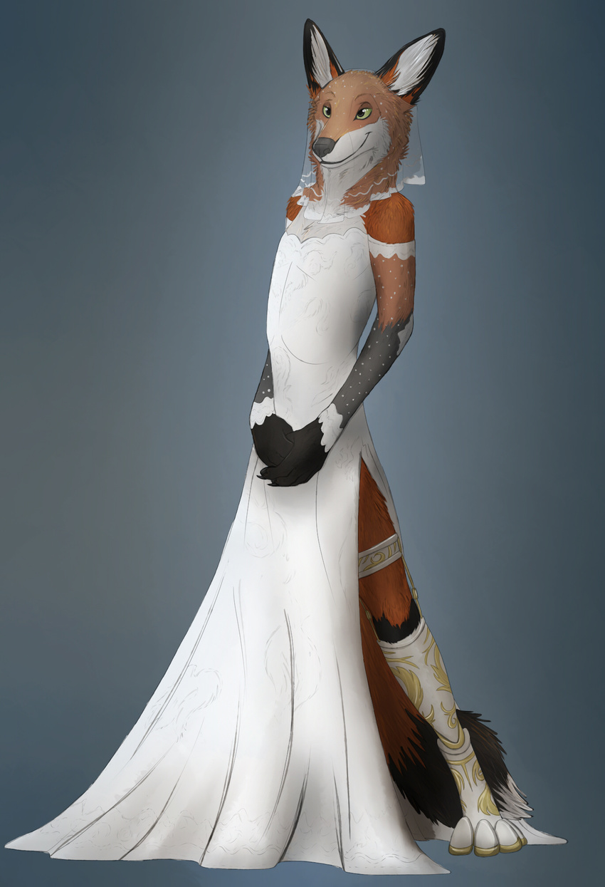 amputee anthro biped canine clothed clothing crossdressing digital_media_(artwork) dress felicity_brush fox front_view full-length_portrait fur grey_background hi_res male mammal maskedhusky portrait prosthetic simple_background wedding