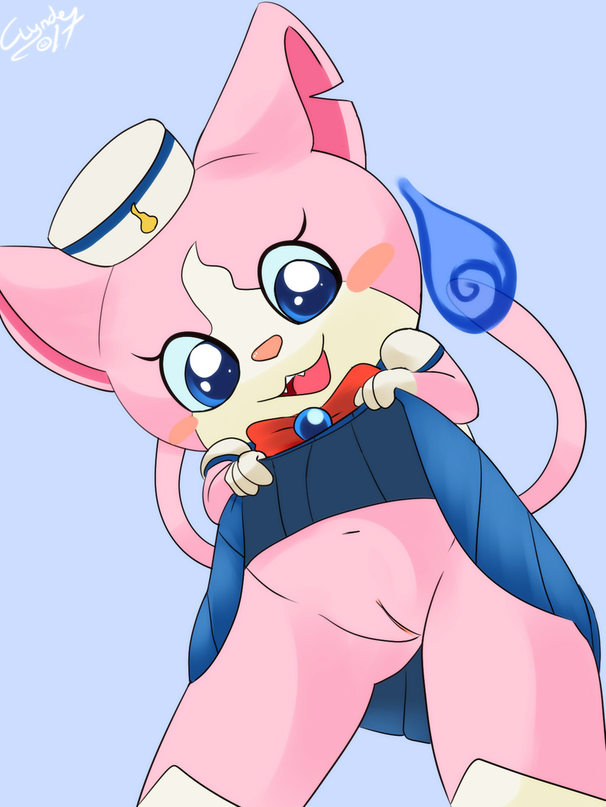 anthro blush bottomless cat clothed clothing clothing_lift clyndemoon feline female looking_at_viewer mammal navel open_mouth pussy sailor_fuku sailornyan skirt skirt_lift solo underwear video_games yo-kai_watch