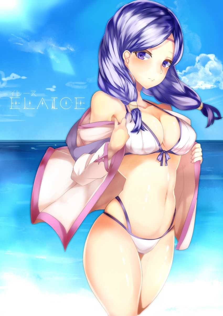 1girl absurdres bikini blue_sky breasts cleavage closed_mouth cloud day fire_emblem fire_emblem:_souen_no_kiseki highres ilyana long_hair low-tied_long_hair medium_breasts navel nintendo outdoors purple_eyes purple_hair sky solo swimsuit tea_texiamato water white_bikini