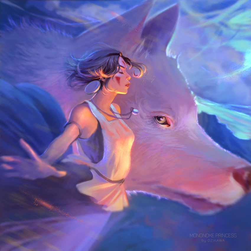 absurdres animal bare_arms brown_hair closed_eyes cloud dzikawa earrings facial_mark fur highres jewelry lips looking_to_the_side mononoke_hime mountain necklace profile san short_hair wind wolf