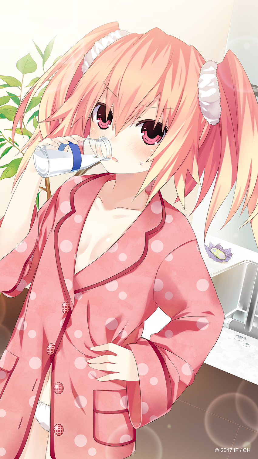 2017 alyn_(fairy_fencer_f) blush bottle breasts cleavage drinking eyebrows_visible_through_hair fairy_fencer_f hand_on_hip highres looking_at_viewer milk official_art pajamas panties pink_eyes pink_hair pipin_(fairy_fencer_f) short_hair small_breasts solo tsunako twintails underwear white_panties