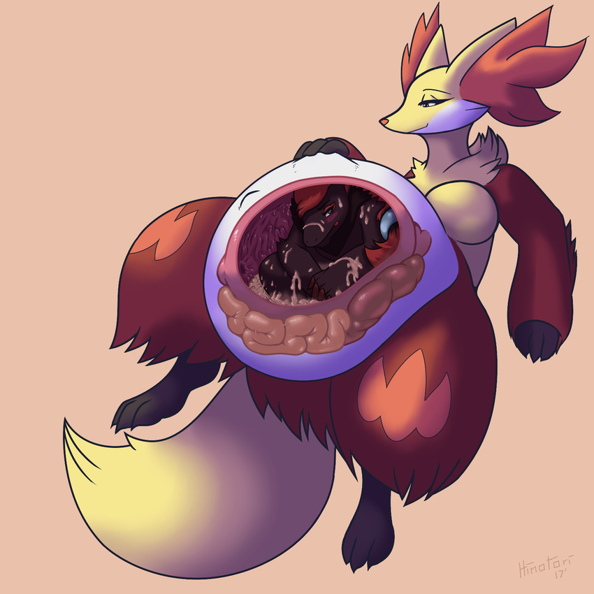 abstract_background barefoot belly big_belly breasts delphox digestion duo female hand_on_stomach internal mammal misterhinotori nintendo overweight overweight_female pok&eacute;mon spread_legs spreading tagme thick_thighs video_games vore zoroark