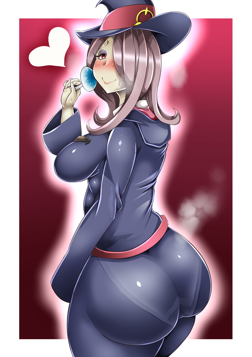 1girl ass belt blush breasts hair_over_one_eye hat heart huge_ass large_breasts little_witch_academia long_hair looking_at_viewer mushroom niwatora pantylines purple_hair red_eyes shiny shiny_hair sideboob skin_tight smile solo sucy_manbabalan sucy_manbavaran tight