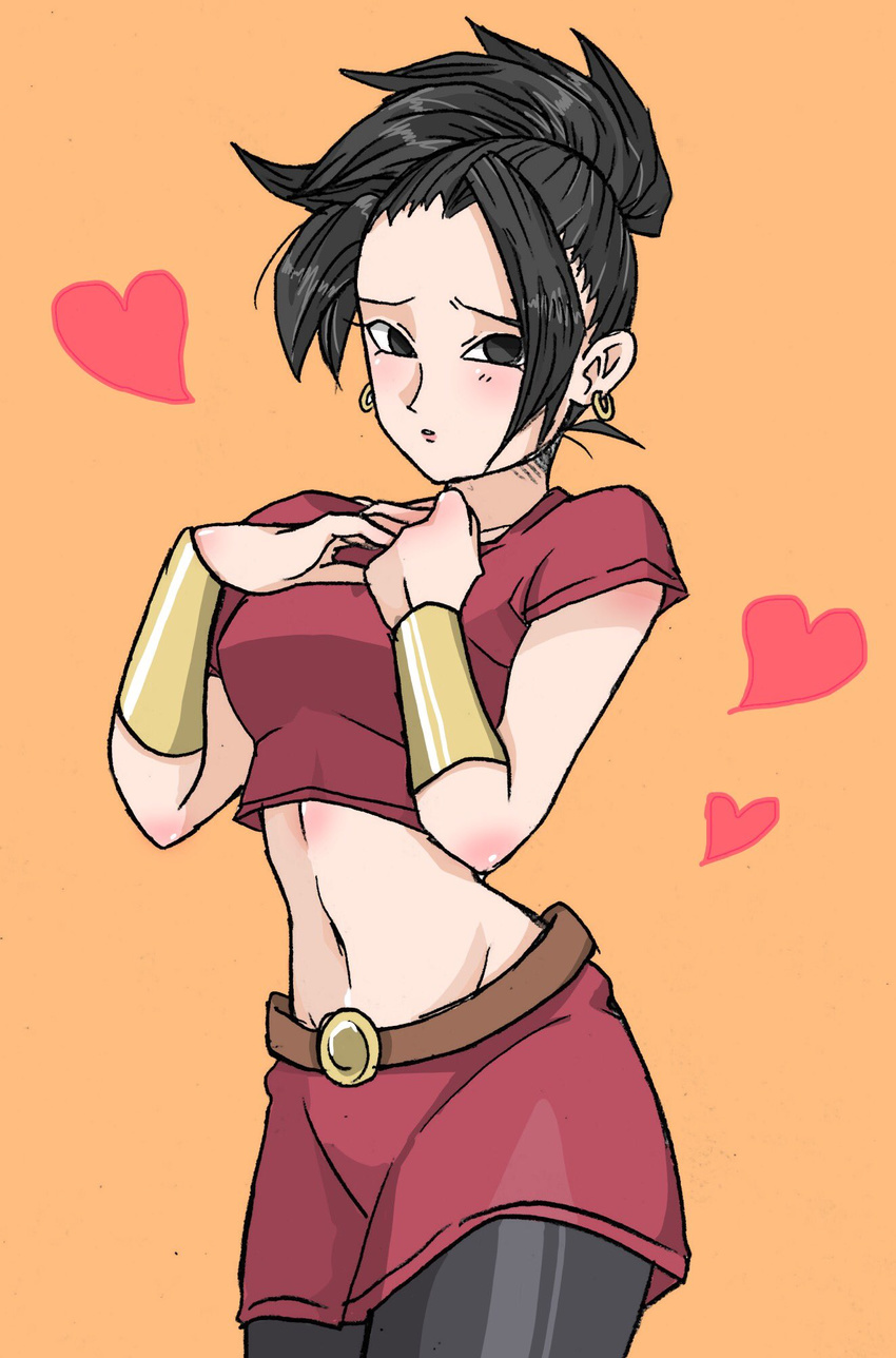belt black_eyes black_hair blush bracer breasts brown_belt crop_top dragon_ball dragon_ball_super earrings groin hair_intakes hands_on_own_chest heart high_ponytail highres jewelry kale_(dragon_ball) lips long_hair looking_at_viewer medium_breasts midriff miniskirt navel open_mouth orange_background protected_link red_shirt red_skirt roni_(loni_0509) shirt short_sleeves shorts shorts_under_skirt simple_background single_hair_intake skirt solo standing