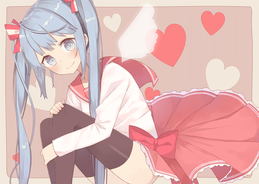 1girl alternative_costume bent_knees black_legwear blue_eyes blue_hair blush bow collar female hair_bow hair_ornament hatsune_miku heart highres long_hair long_sleeves looking_at_viewer minase_nagi pink_bow pink_skirt pleated pleated_skirt ribbon sailor_collar school_uniform shirt sitting skirt smile solo thighhighs tied_hair twintails vocaloid white_shirt white_wings wings