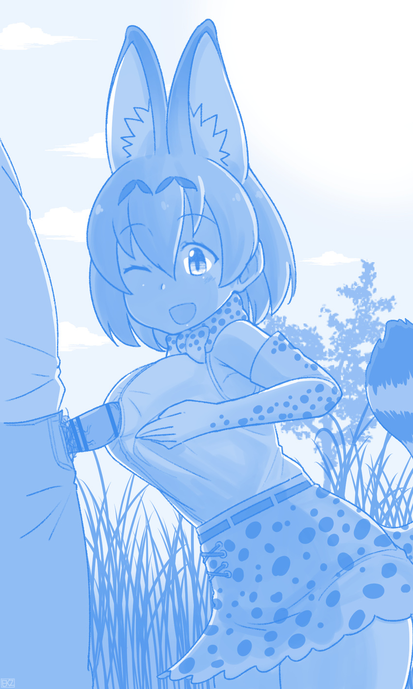 1girl ;d animal_ears blue bow bowtie breasts cloud ekz_(drawfag) elbow_gloves erection eyebrows_visible_through_hair from_side gloves grass hair_between_eyes hetero high-waist_skirt highres kemono_friends large_breasts male_pubic_hair monochrome one_eye_closed open_mouth outdoors paizuri paizuri_under_clothes penis perpendicular_paizuri pubic_hair serval_(kemono_friends) serval_ears serval_print serval_tail shirt sketch skirt sky sleeveless sleeveless_shirt smile striped_tail tail