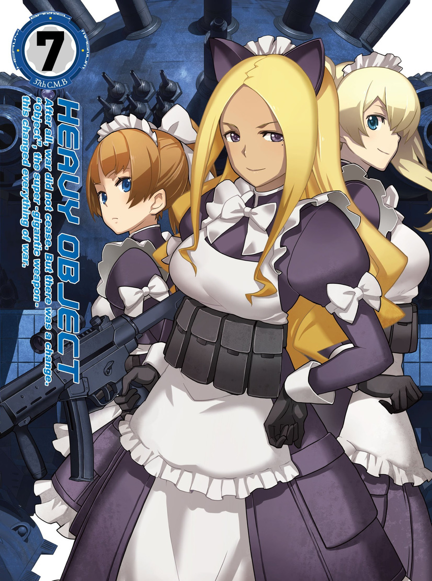 animal_ears apron blonde_hair blu-ray_cover blue_eyes bow bowtie brown_eyes brown_hair charm_(heavy_object) cover frills gun heavy_object highres holding holding_gun holding_weapon lemish looking_at_viewer maid_apron maid_headdress mole mole_under_eye multiple_girls nagi_ryou object_(vehicle) official_art ponytail silver_hair smile weapon wydine_uptown