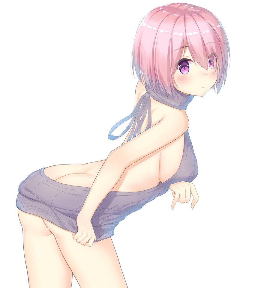 absurdres arched_back ass backless_dress backless_outfit bare_back bare_shoulders blush breasts butt_crack closed_mouth drawstring dress eyebrows_visible_through_hair eyes_visible_through_hair fate/grand_order fate_(series) from_side furt0424 grey_sweater hair_over_one_eye halterneck highres large_breasts looking_at_viewer looking_back mash_kyrielight meme_attire naked_sweater pink_hair purple_eyes ribbed_sweater short_hair sideboob simple_background solo sweater sweater_dress thighs turtleneck turtleneck_sweater virgin_killer_sweater white_background