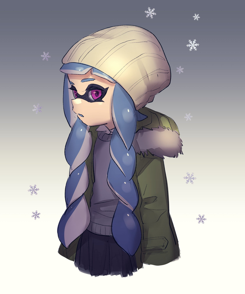 alternate_hairstyle bangs beanie black_skirt blue_hair blunt_bangs braid casual cropped_torso from_side gradient gradient_background green_coat grey_background grey_sweater hat highres inkling long_hair long_sleeves looking_at_viewer pleated_skirt puchiman purple_eyes skirt snow solo splatoon_(series) splatoon_1 standing sweater twin_braids twintails white_hat