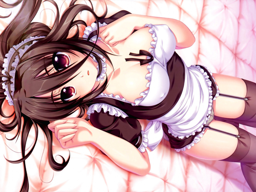 1girl alpha_(yukai_na_nakamatachi) bed black_background black_hair black_legwear black_thighhighs breasts brown_hair female g-senjou_no_maou garter_belt gold_eyes headdress highres large_breasts lingerie long_hair lying maid on_back open_mouth panties red_eyes shimapan solo striped_print thighhighs underwear usami_haru