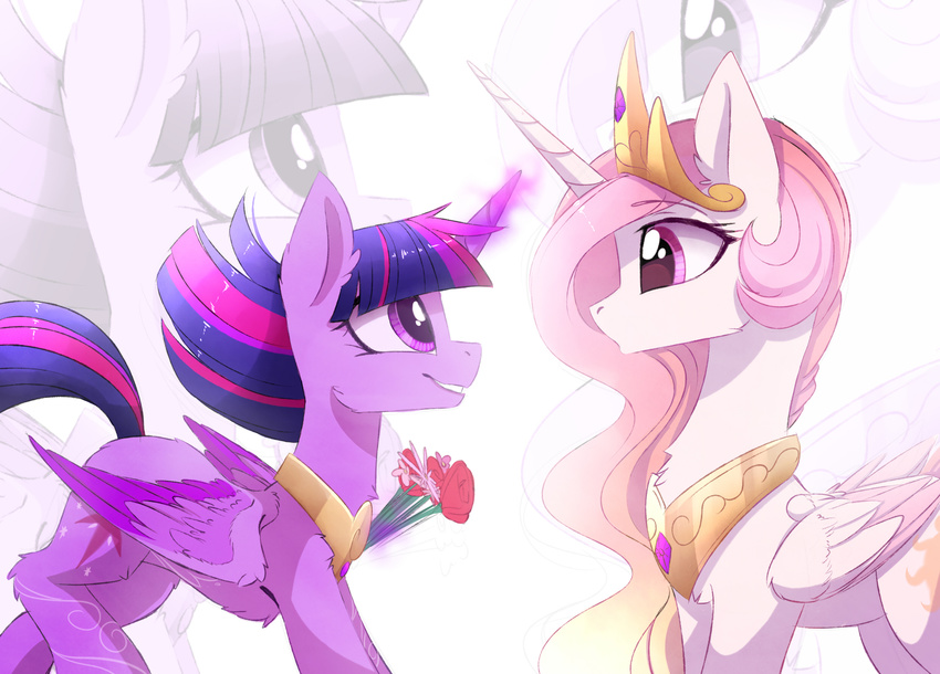 2017 cutie_mark duo equine eyelashes feathered_wings feathers female feral flower friendship_is_magic fur hair hooves horn magnaluna mammal my_little_pony pink_eyes pink_feathers pink_hair plant princess_celestia_(mlp) purple_background purple_eyes purple_fur purple_hair purplefur simple_background smile twilight_sparkle_(mlp) white_background white_feathers white_fur winged_unicorn wings