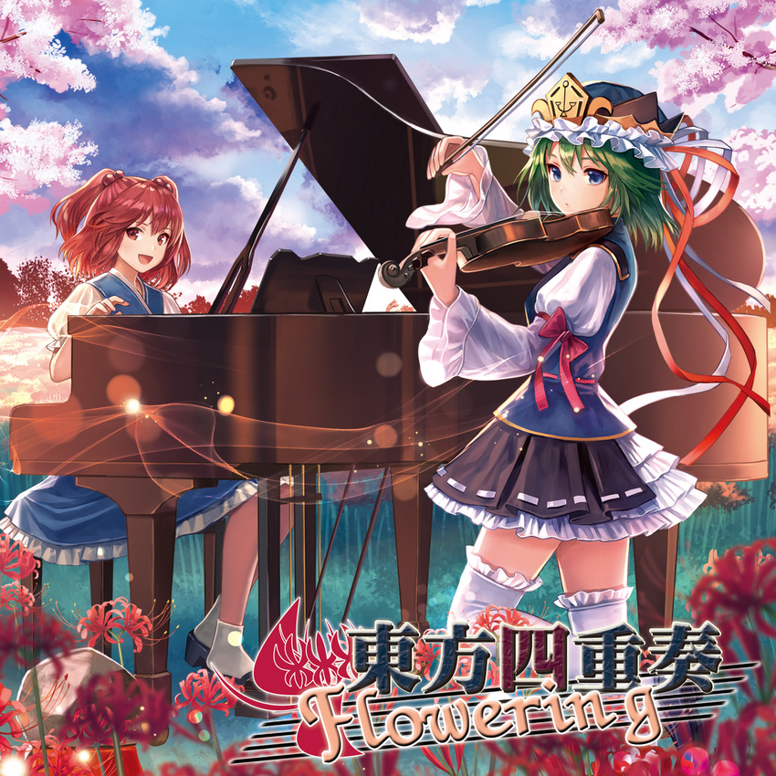 :d arm_ribbon bangs black_skirt blouse blue_eyes blue_sky blue_vest blurry blush bow bow_(instrument) breasts cherry_blossoms cloud cloudy_sky collarbone day depth_of_field epaulettes flower frilled_hat frilled_legwear frilled_skirt frills geta grand_piano green_eyes green_hair hair_bobbles hair_ornament hands_up hat hat_ribbon highres holding holding_instrument instrument juliet_sleeves light_particles long_sleeves looking_at_viewer miniskirt multiple_girls music onozuka_komachi open_mouth outdoors parted_lips petticoat piano piano_bench plant playing_instrument playing_piano puffy_short_sleeves puffy_sleeves red_bow red_eyes red_flower red_hair red_ribbon ribbon ribbon-trimmed_skirt ribbon_trim rock shiki_eiki shirt shirt_tug short_hair short_sleeves sidelocks siro sitting skirt sky small_breasts smile socks spider_lily thighhighs touhou turtleneck two_side_up vest violin white_legwear white_ribbon white_shirt wide_sleeves zettai_ryouiki