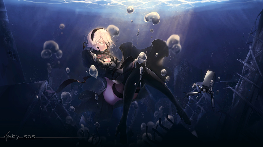 android black_footwear black_legwear blindfold blindfold_slip boots breasts bubble cleavage cleavage_cutout crossed_arms dress highres juliet_sleeves large_breasts light_rays long_sleeves nier_(series) nier_automata no_blindfold pale_skin pod_(nier_automata) puffy_sleeves short_hair solo sos_(406491521) text_focus thigh_boots thighhighs thighs underwater white_hair wreckage yorha_no._2_type_b