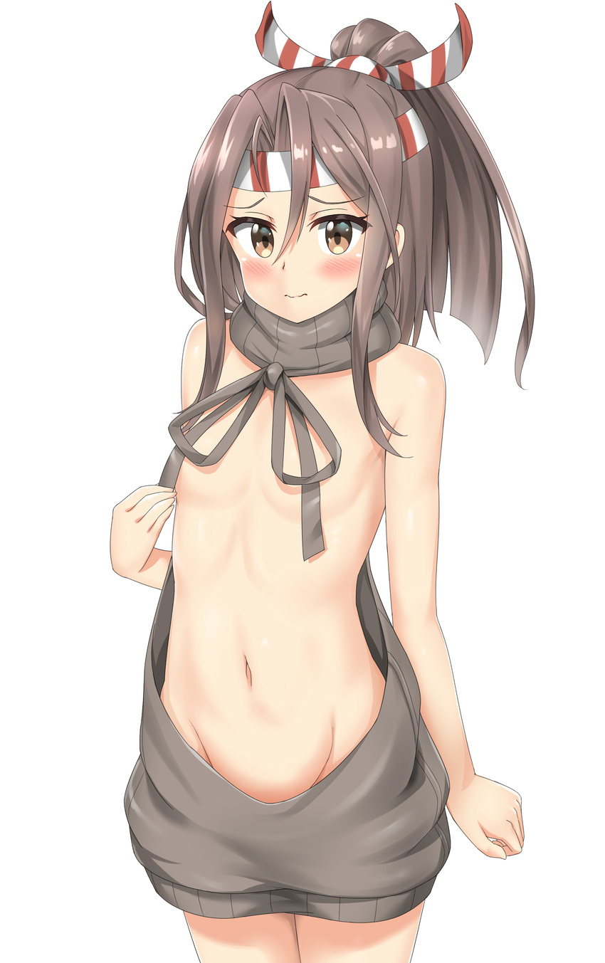 absurdres bare_shoulders blush brown_eyes brown_hair convenient_censoring flat_chest groin headband highres kantai_collection long_hair looking_at_viewer meme_attire midriff navel nedia_(nedia_region) ponytail solo sweater virgin_killer_sweater wardrobe_error wavy_mouth zuihou_(kantai_collection)