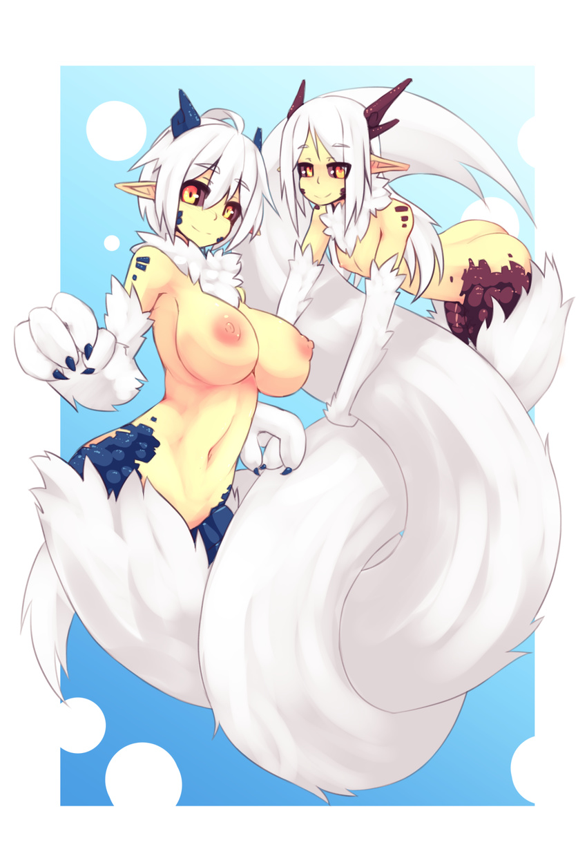 2016 4_fingers amber_eyes areola big_breasts big_hands black_sclera blue_scales breasts chest_tuft claws duo entwined_tails female flat_chested fluff_snake fur hair horn humanoid hybrid lamia long_hair long_tail looking_at_viewer mane monster_girl_(genre) navel nipples nude pointy_ears red_scales reptile scales scalie shenti small_breasts smile snake sub-res tail_grab tuft white_fur white_hair