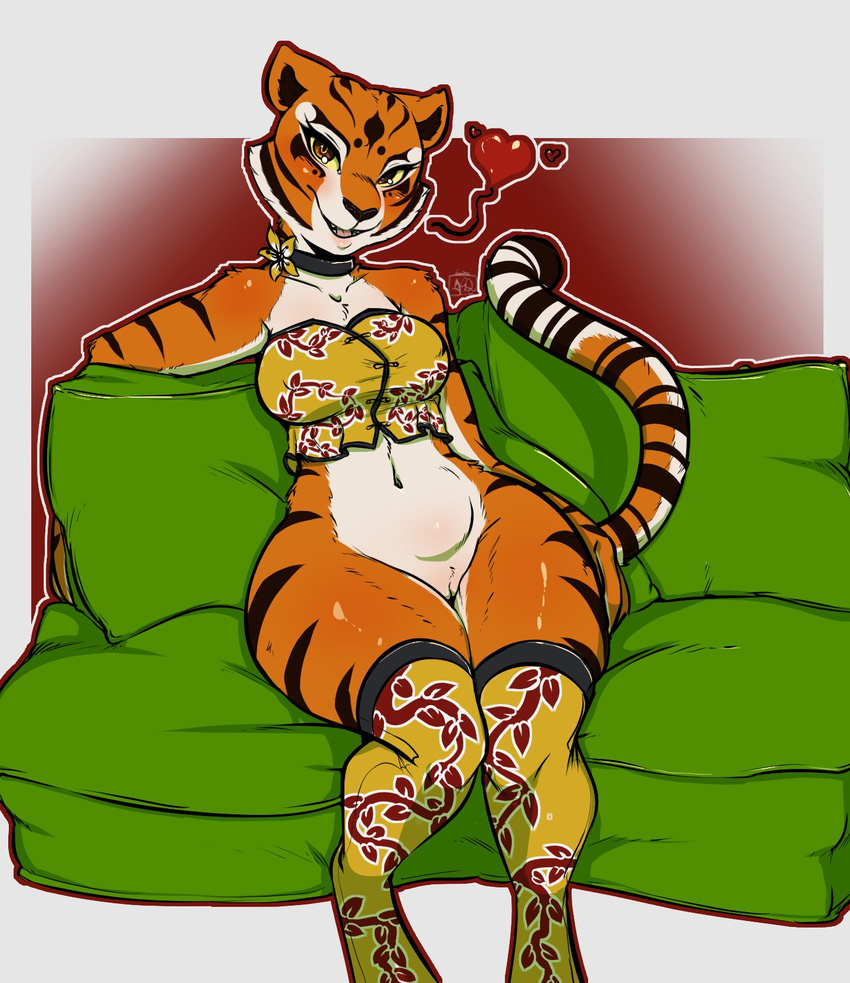 &lt;3 2017 anthro avante92 black_fur bottomless breasts brown_fur clothed clothing english_text feline female fur hand_on_hip hi_res kung_fu_panda legwear looking_at_viewer mammal master_tigress pussy red_eyes signature sitting smile solo stripes text tiger white_fur wide_hips yellow_sclera