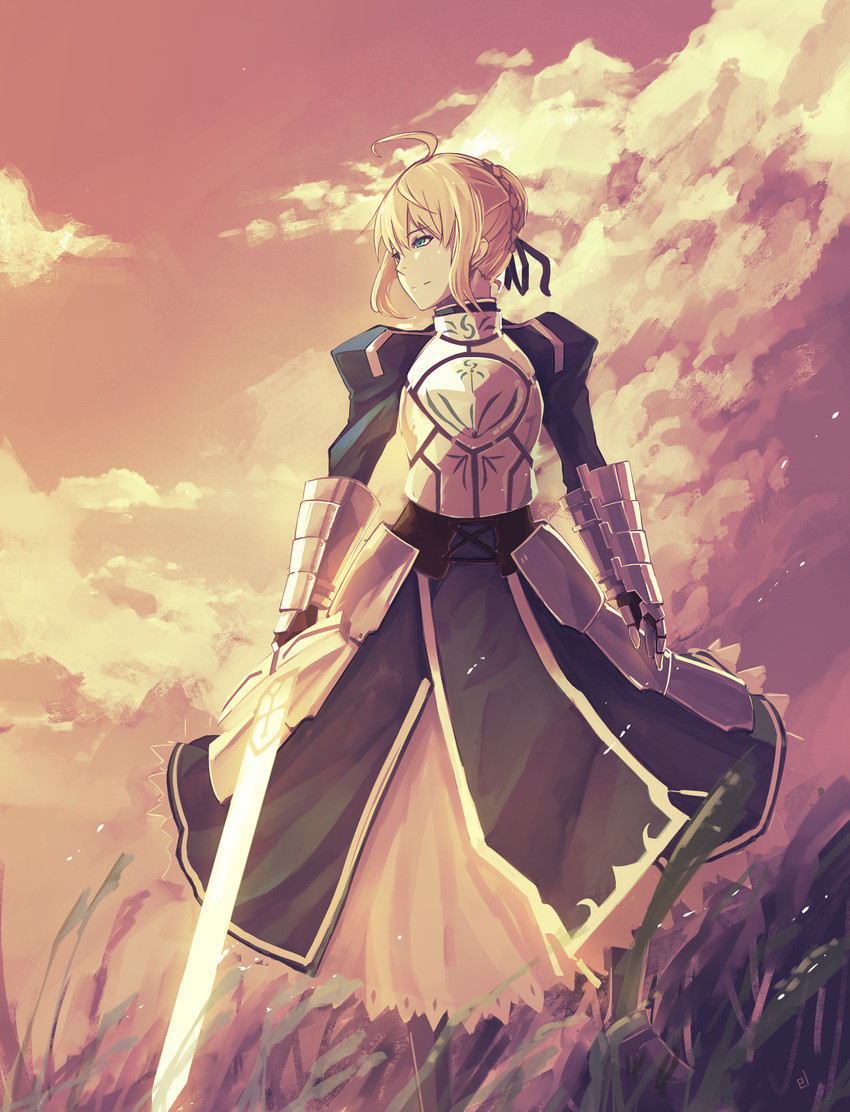 ahoge armor armored_dress artoria_pendragon_(all) blonde_hair braid closed_mouth commentary_request dusk el_(egoistic_parade) excalibur fate/stay_night fate_(series) faulds french_braid gauntlets green_eyes highres holding holding_sword holding_weapon looking_to_the_side saber solo sword weapon