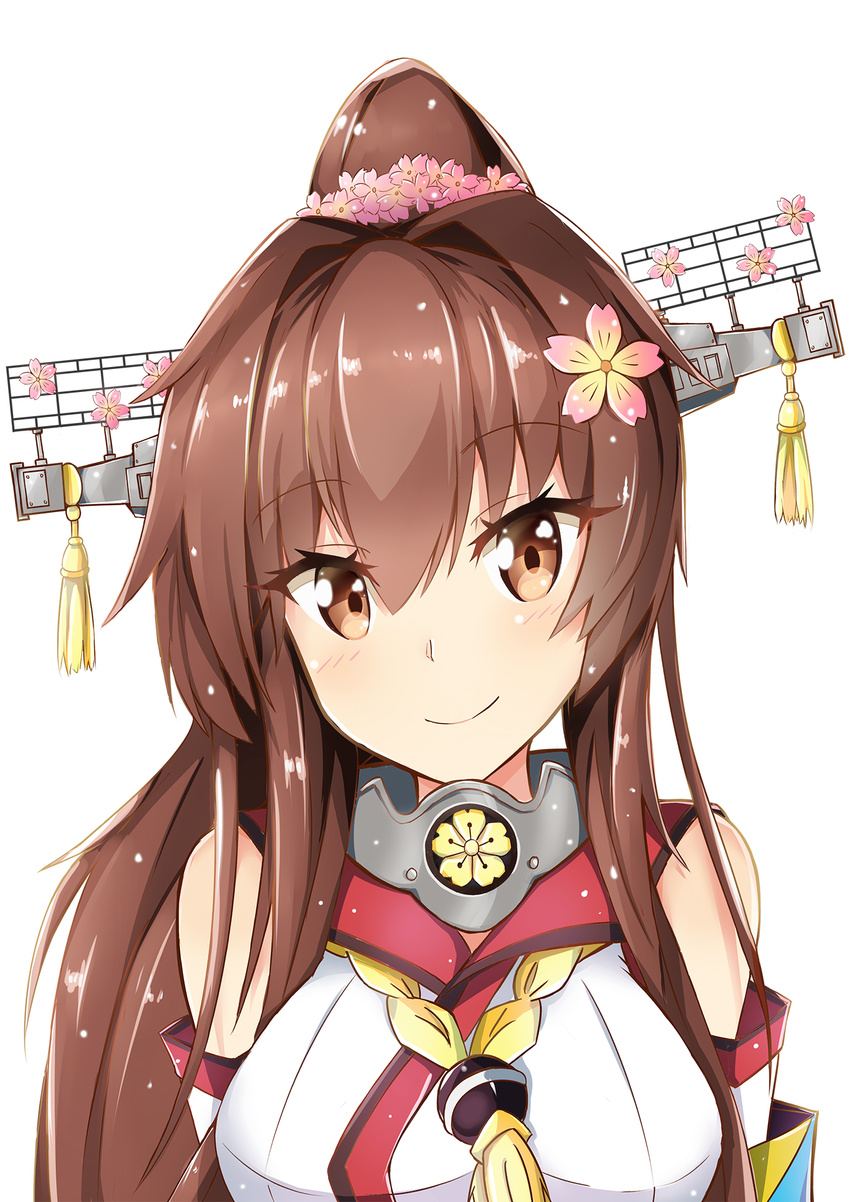 brown_eyes brown_hair closed_mouth detached_sleeves eyebrows_visible_through_hair flower hair_flower hair_ornament high_ponytail highres kantai_collection long_hair looking_at_viewer pink_flower portrait simple_background smile solo sylphine white_background yamato_(kantai_collection)