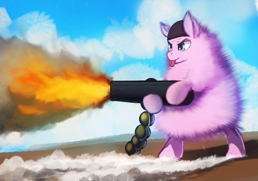 anthro blue_eyes cannon day equine fan_character female fluffle_puff fur holding_object holding_weapon hooves mammal my_little_pony pink_fur ranged_weapon rublegun sky smile solo standing tongue weapon