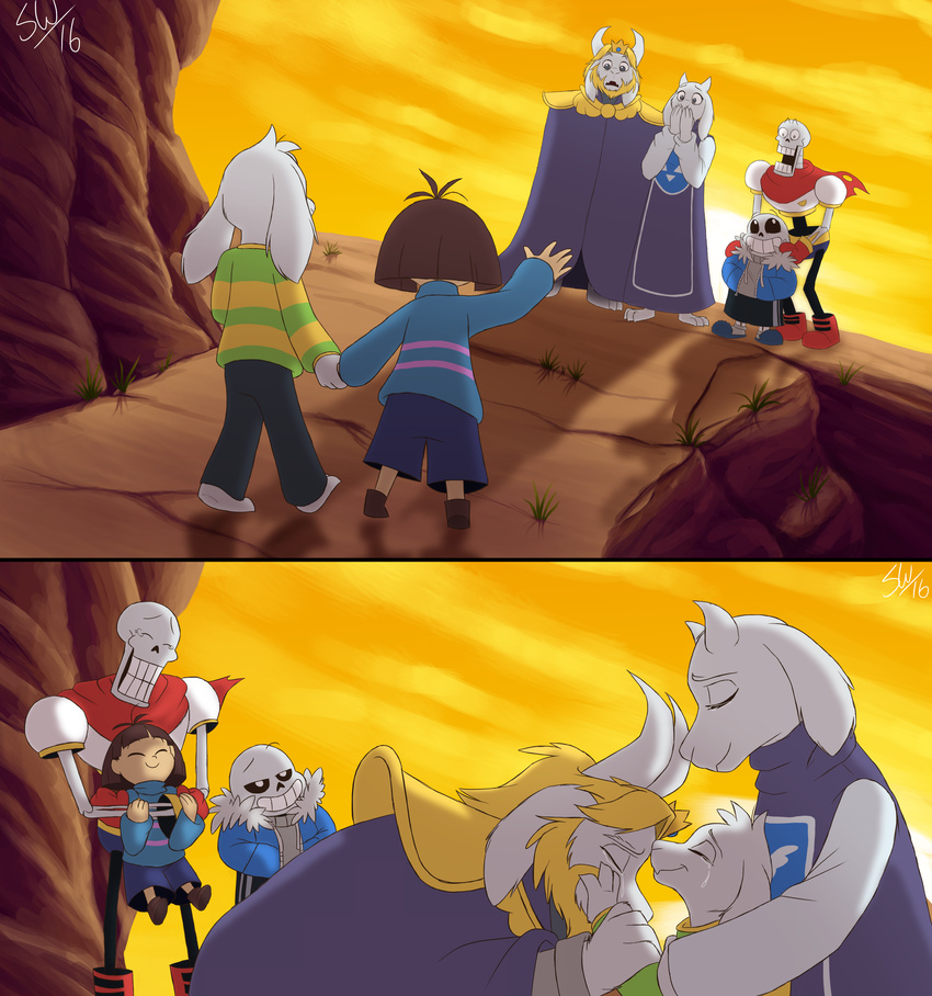 2016 ambiguous_gender animated_skeleton anthro armor asgore_dreemurr asriel_dreemurr blonde_hair bone boss_monster brown_hair caprine clothed clothing crying detailed_background eyes_closed facial_hair female fur goat grin group hair horn human lifting male mammal papyrus_(undertale) pauldron protagonist_(undertale) sans_(undertale) skeleton smile sunset tc-96 tears toriel undead undertale video_games watermark white_fur
