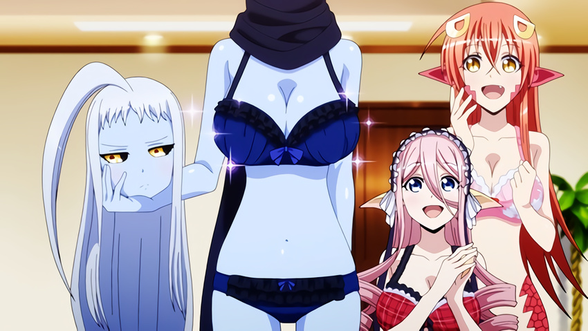 3girls ahoge black_sclera blue_skin bra breasts cleavage dullahan lala_(monster_musume) lamia large_breasts long_hair mermaid meroune_lorelei miia_(monster_musume) monster_girl monster_musume_no_iru_nichijou multiple_girls panties red_hair slit_pupils standing yellow_eyes