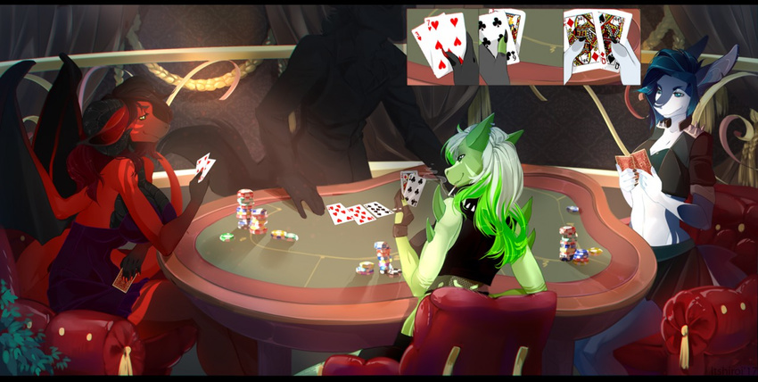 ambiguous_gender anthro canine card clothed clothing dragon female fur group hair ltshiroi male mammal poker sitting smile wings