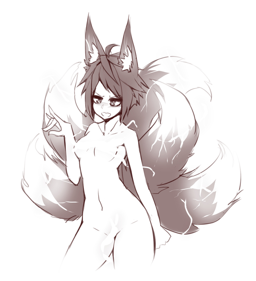 2016 animal_humanoid armpits breasts canine censored creative_censorship electricity female fox fox_humanoid hair humanoid inner_ear_fluff mammal monochrome multi_tail navel nude open_mouth short_hair simple_background sketch slim slit_pupils small_breasts solo standing sub-res white_background