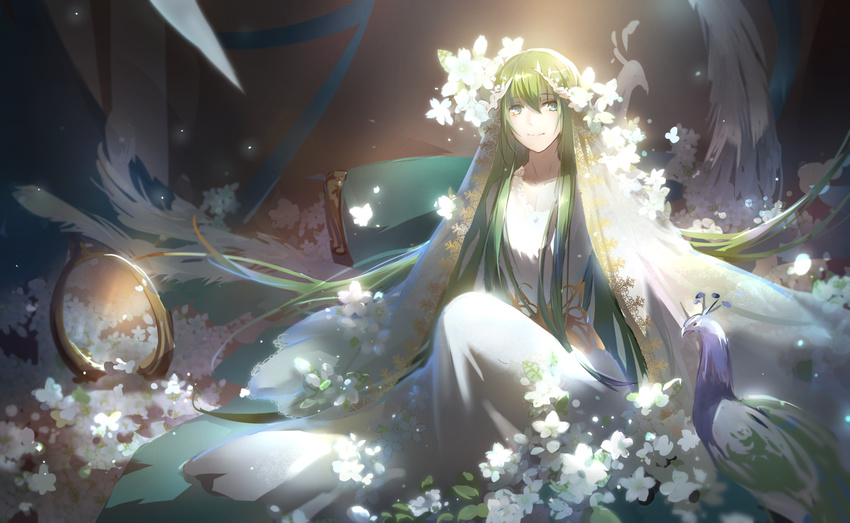 absurdly_long_hair androgynous bird bride closed_mouth collarbone commentary_request dress enkidu_(fate/strange_fake) eyebrows_visible_through_hair fate/strange_fake fate_(series) flow flower green_eyes green_hair hair_flower hair_ornament highres knee_up light light_particles long_hair looking_at_viewer male_focus mirror otoko_no_ko peacock robe sitting smile solo straight_hair sunlight tebd_menkin veil very_long_hair white_dress white_flower