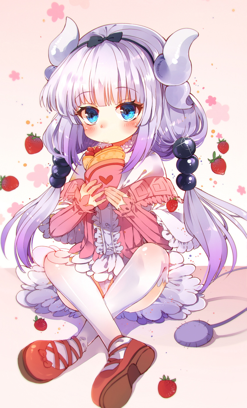 bad_id bad_pixiv_id baocaizi blue_eyes blush crepe dragon_girl dragon_horns eating eyebrows_visible_through_hair food food_wrapper frilled_skirt frills fruit hairband highres horns kanna_kamui kobayashi-san_chi_no_maidragon lavender_hair long_hair looking_at_viewer sitting skirt solo strawberry tail thighhighs twintails white_legwear white_skirt