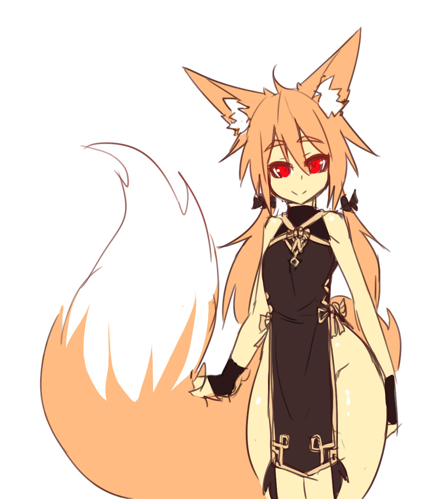 2016 animal_humanoid big_tail blonde_hair breasts canine clothing female flat_colors fox fox_humanoid hair hand_on_tail huge_tail humanoid inner_ear_fluff japanese_clothing loincloth looking_at_viewer mammal no_underwear pigtails red_eyes simple_background sleeveless slit_pupils smile solo standing sub-res suzu_(sub-res) thick_thighs white_background wide_hips