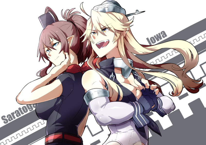 back-to-back black_dress blonde_hair blue_eyes breasts brown_hair cleavage dress elbow_gloves fang fingerless_gloves front-tie_top gloves headgear iowa_(kantai_collection) kantai_collection large_breasts long_hair multiple_girls pointy_ears ponytail red_neckwear remodel_(kantai_collection) saratoga_(kantai_collection) side_ponytail takatsuki_nato upper_body yellow_eyes