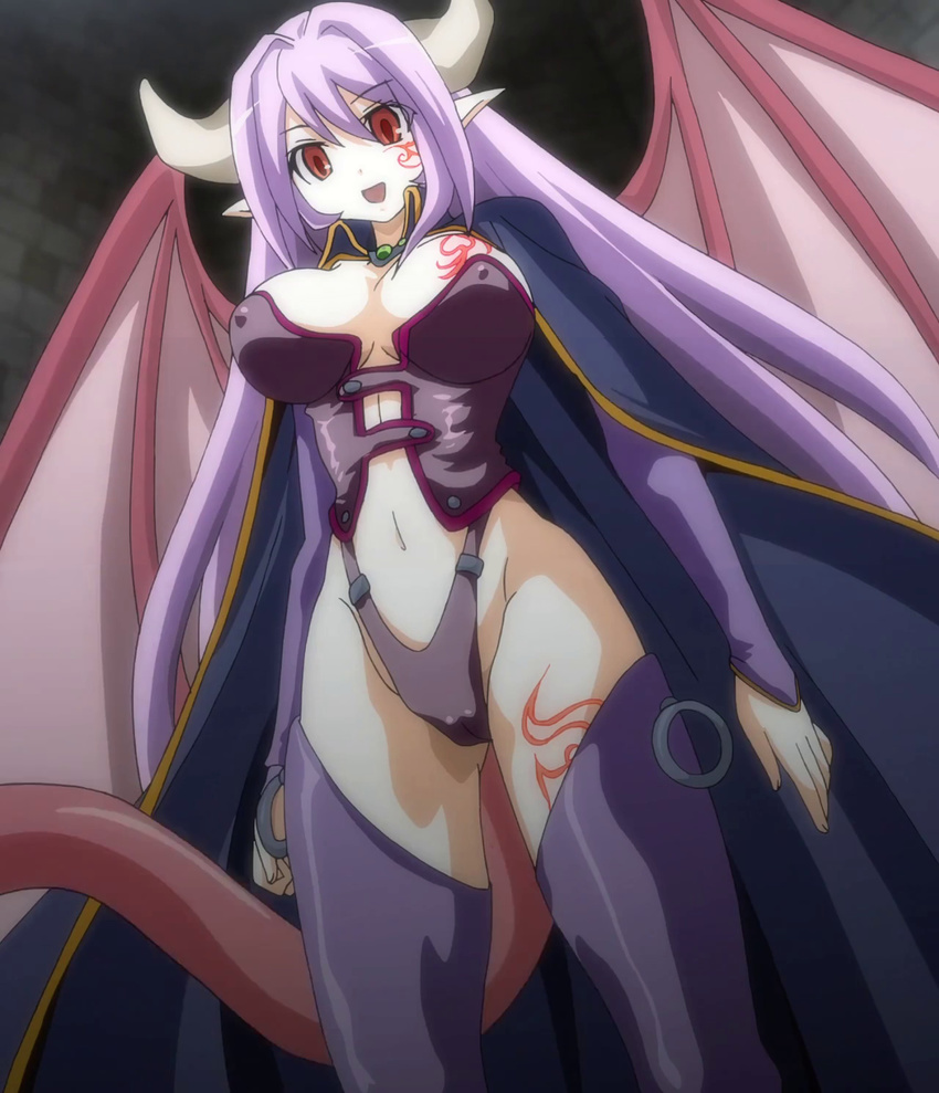 1girl alma_elma bangs breasts cameltoe demon_girl demon_wings female happy horns large_breasts long_hair mon-musu_quest! pointy_ears purple_hair red_eyes screencap stitched succubus tail tattoo tattooed_breast wings