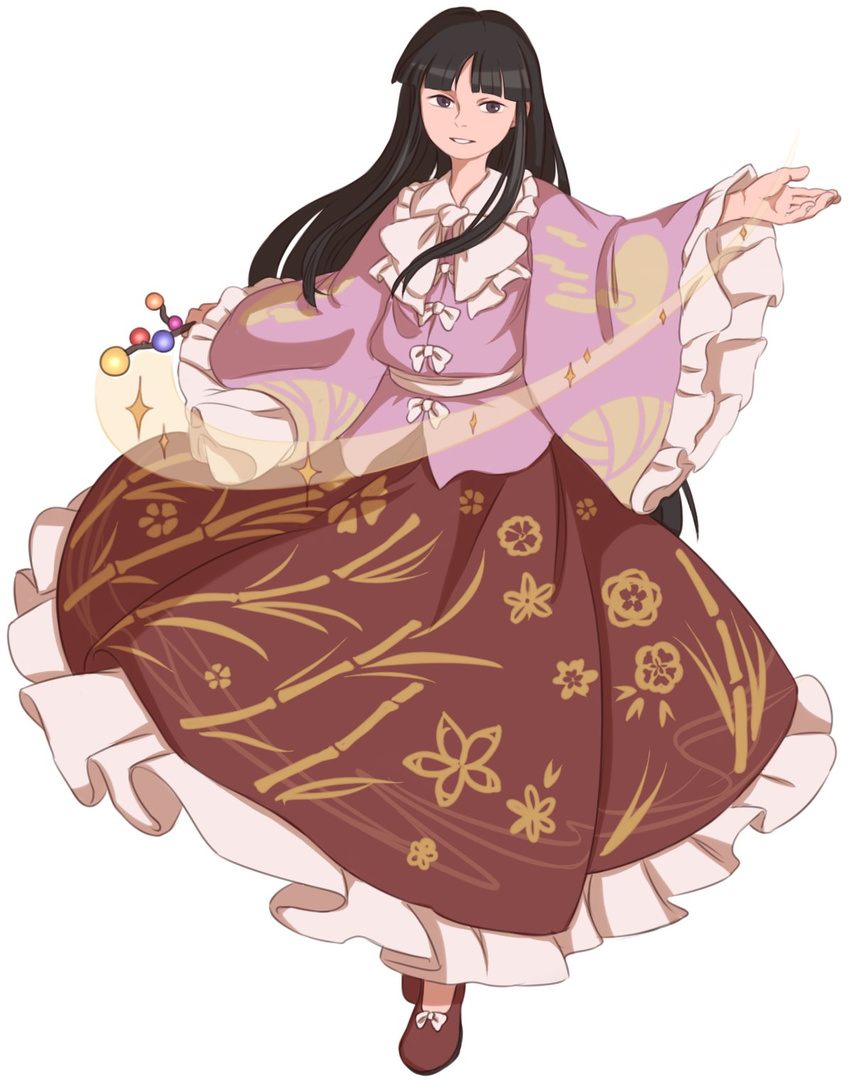 bamboo black_hair branch brown_eyes cloud commentary floral_print frills highres hime_cut houraisan_kaguya japanese_clothes jeweled_branch_of_hourai long_hair long_sleeves mefomefo moon outstretched_arms shoes simple_background smile solo sparkle spread_arms touhou very_long_hair white_background wide_sleeves